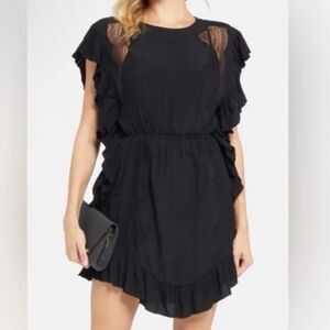 IRO Zestful Chantilly Lace-Trimmed Ruffled Crepe Dress Black XS NEW MSRP $425